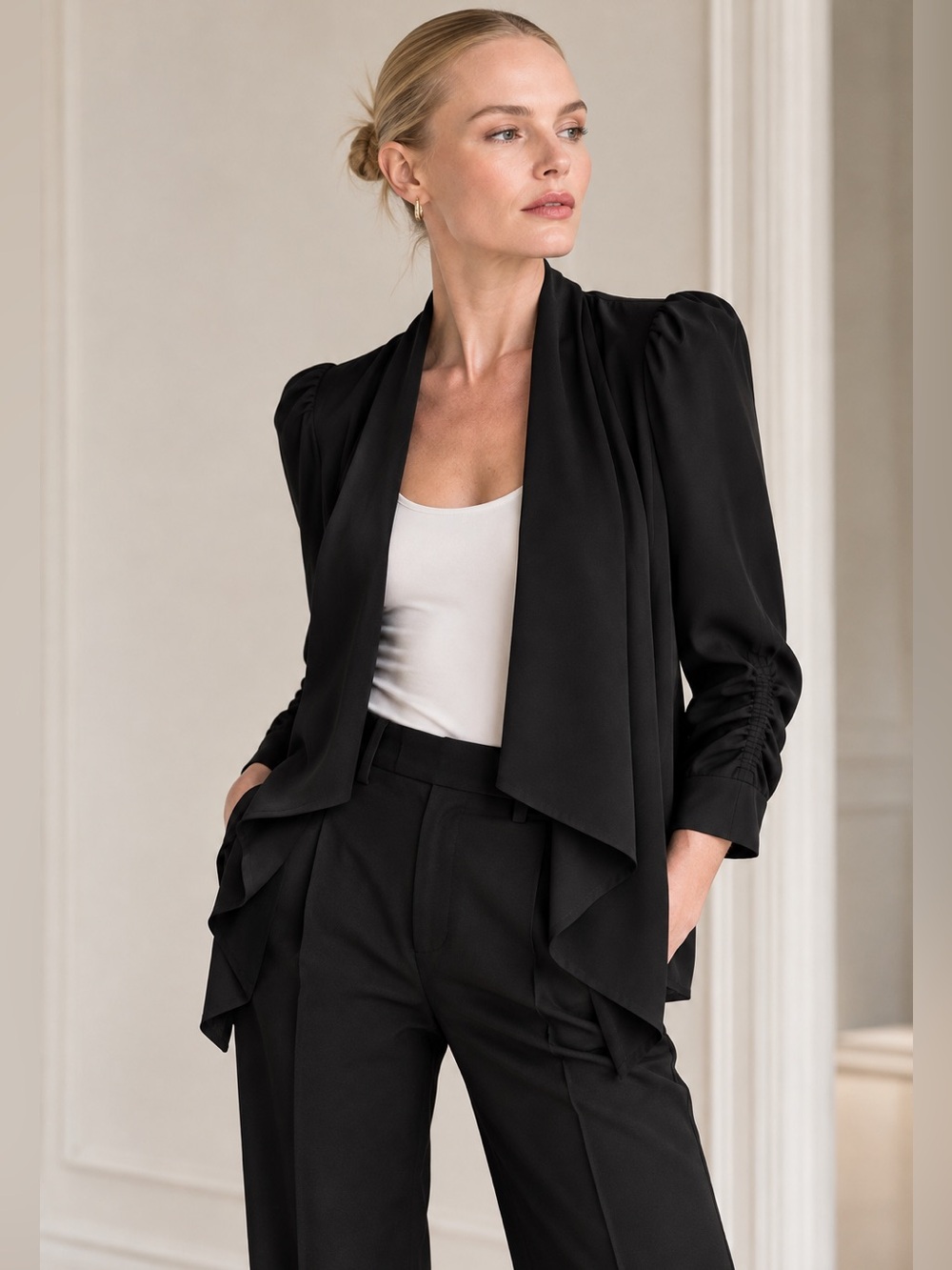Black Shoulder Pad Blazer | Draped Front | Small